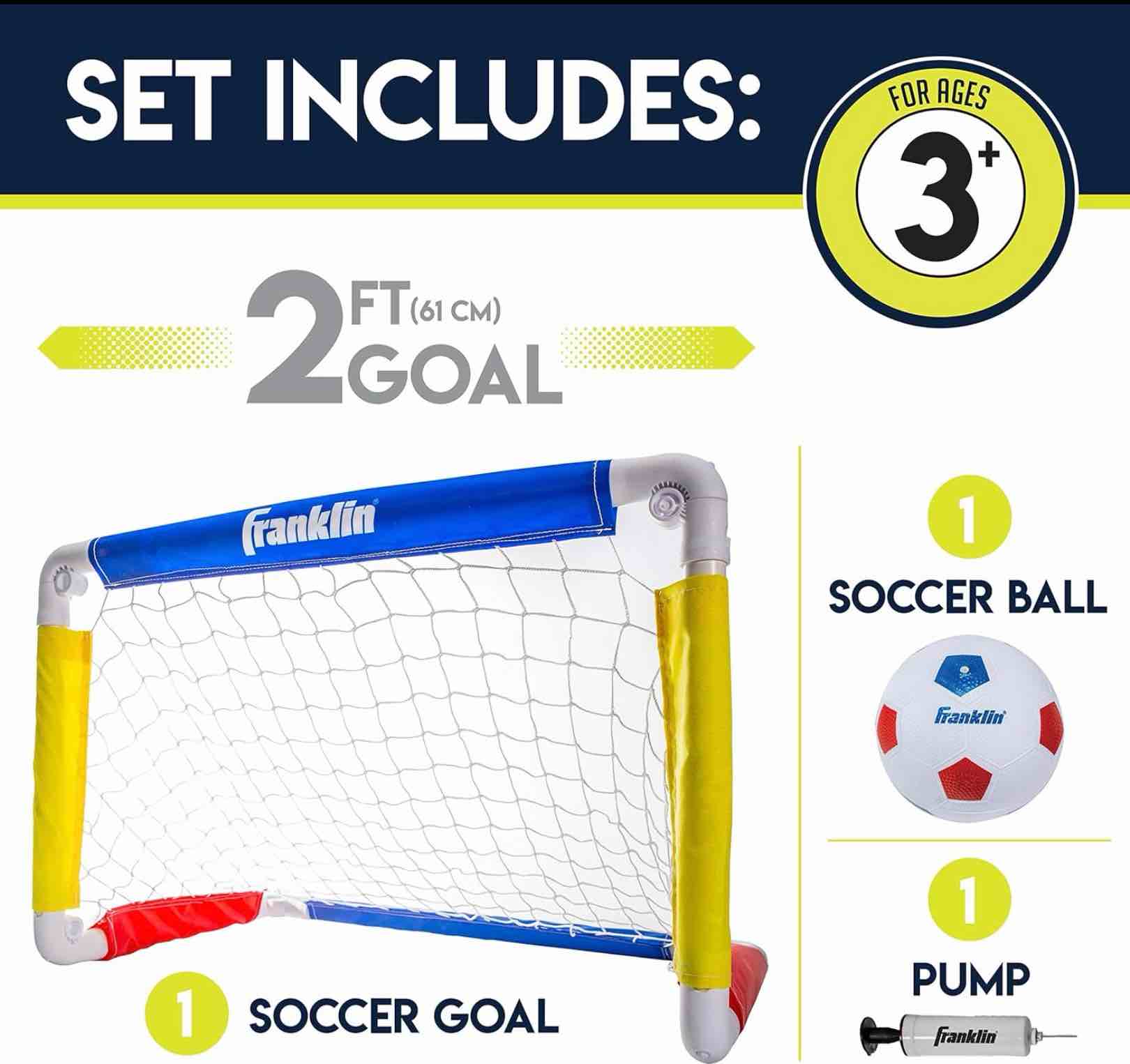 Condition photo showing Good Condition for franklin sports kids soccer goal with ball & pump - 24 x 16 red/blue/yellow