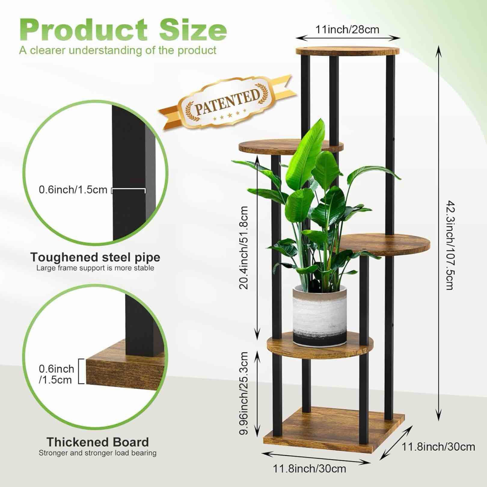 Condition photo showing Good Condition for (incomplete)5 tier wood tall plant stand metal rack indoor, multiple flower pot holder shelves corner rack, round planter shelf display rack storage organizer for patio living room balcony(black+brown) black+brown 5 tier
