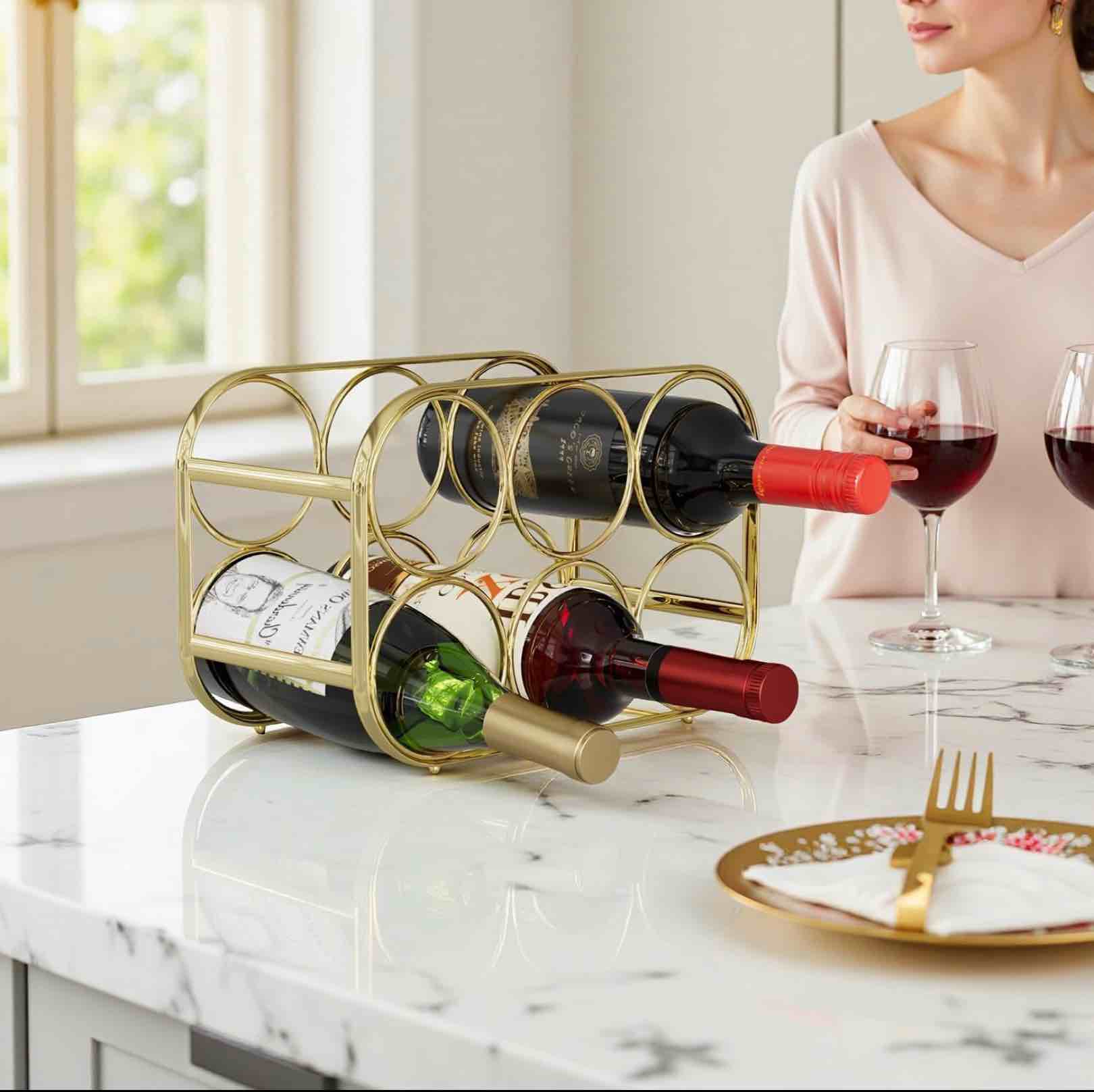 Condition photo showing Good Condition for buruis 6-bottle wine rack, modern metal countertop wine holder stand for kitchen, pantry & cabinet storage, no assembly required, gold