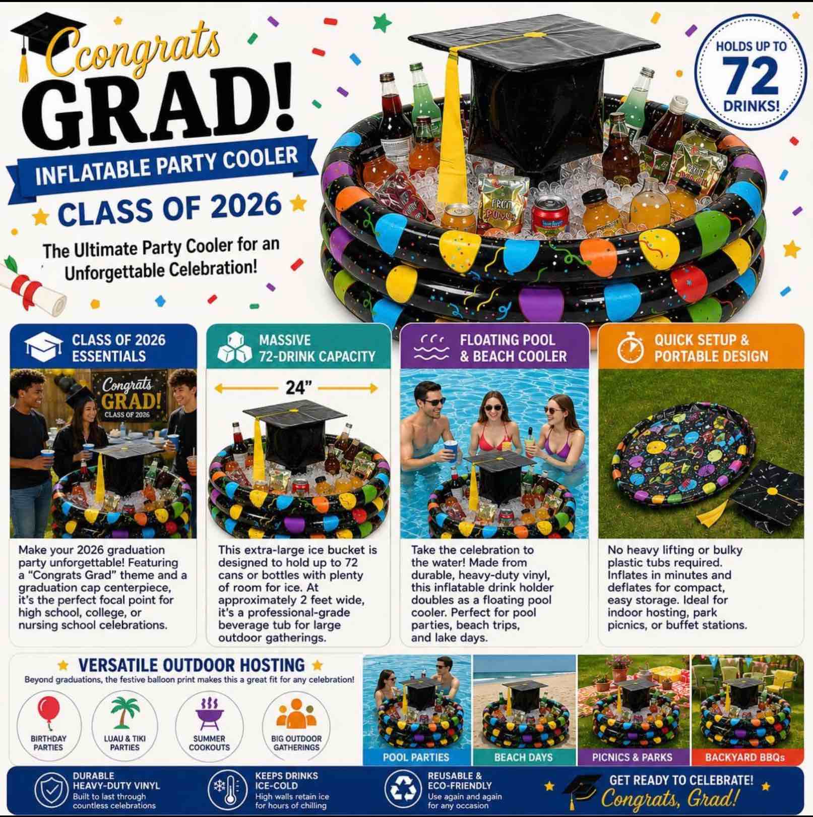 Condition photo showing Good Condition for fun express graduation inflatable party cooler - class of 2026 graduation party decorations | extra large 72-drink ice bucket & floating pool cooler | congrats grad party supplies & beverage tub