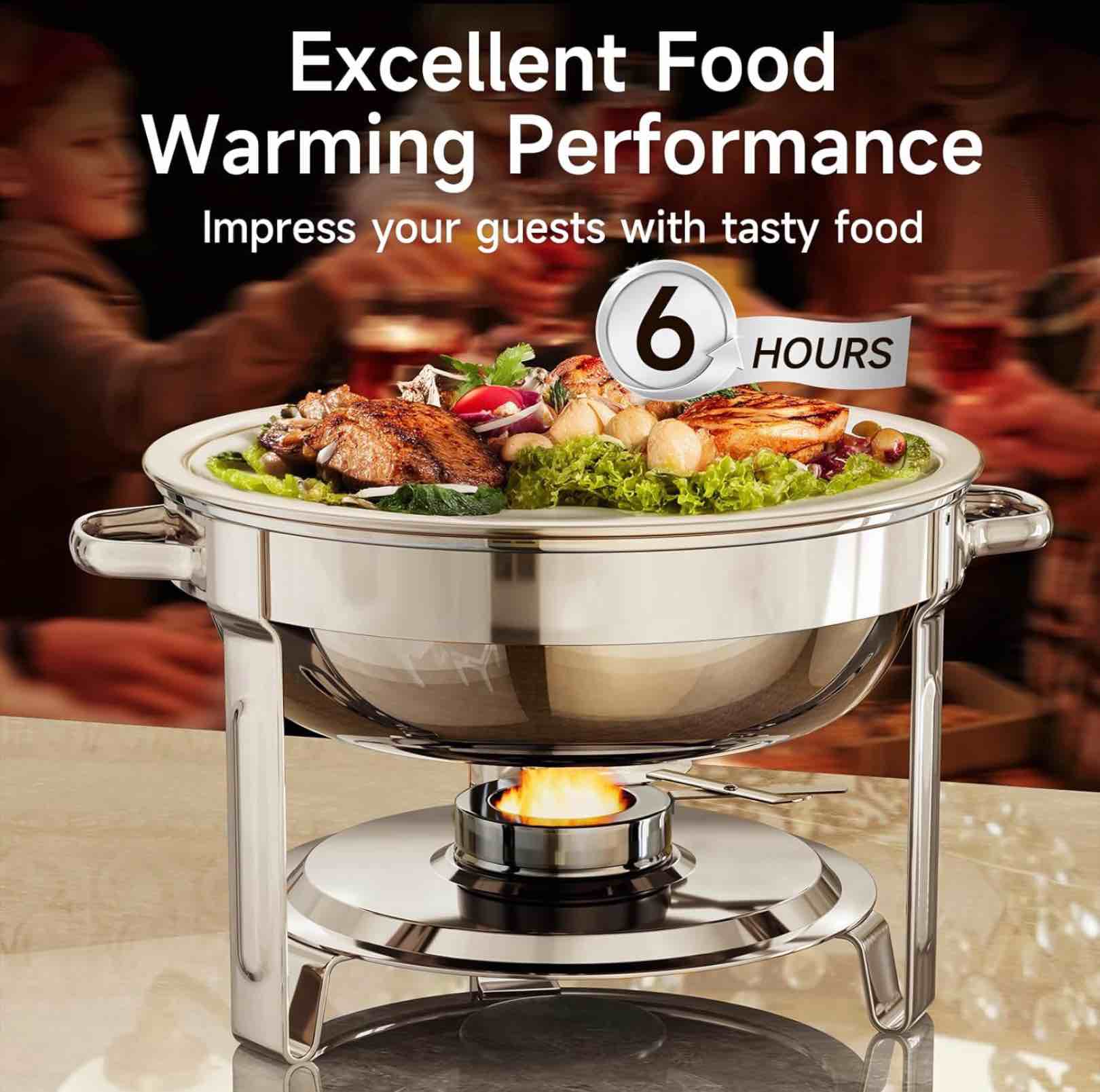Condition photo showing As Is for chafing dishes for buffet, 4 pack 5qt round stainless steel chafing dish set for home parties, christmas gatherings, catering events complete buffet warmer set (silver 4)