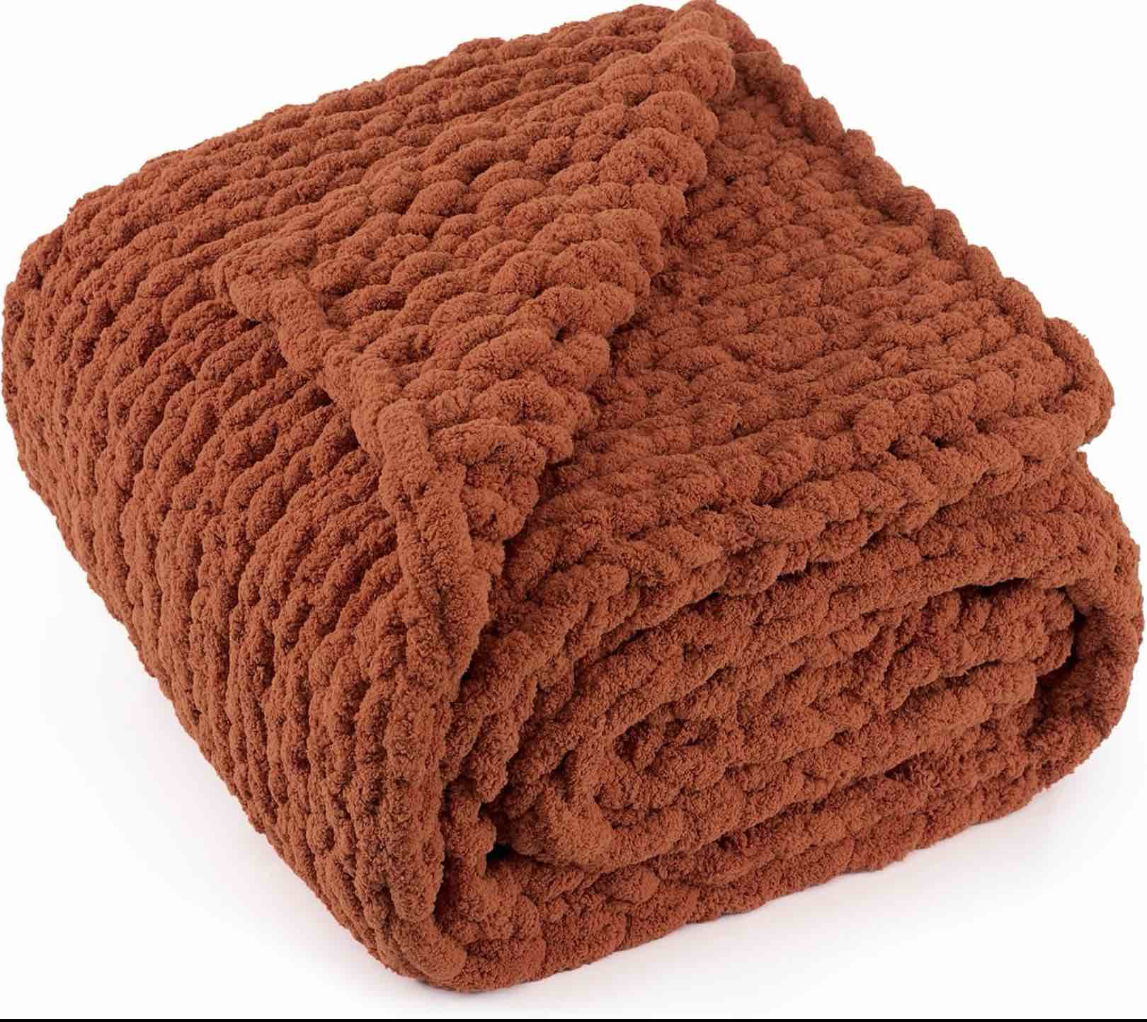 Condition photo showing Good Condition for chunky knit throw blanket 50\"x 60\", 100% handmade with soft chenille yarn, 4.4lbs thick cable knitted blankets, large rope knot crochet throws for couch sofa bed home decor, rust