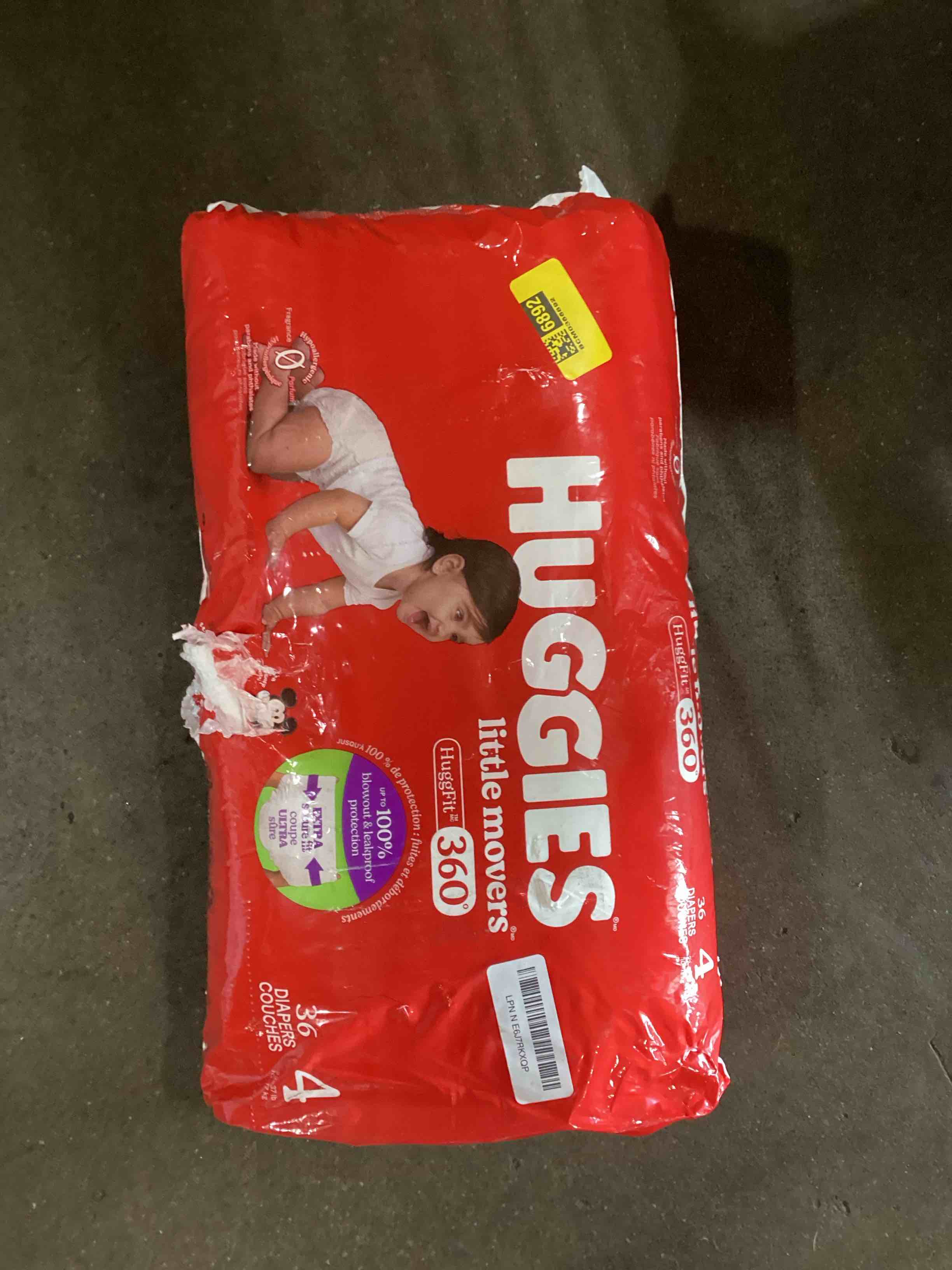 Condition photo showing Good Condition for huggies size 4 baby diapers, little movers huggfit 360° baby diapers with 360° waistband, size 4 (22-37 lbs), 144 count ( pack of 36), packaging may vary size 4 