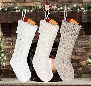 ilauke Knit Christmas Stockings 3 Pack, 18 inch Large Size Cable Knitted Christmas Stocking Decorations with 4.5inch Rope, Perfect for Family Holiday Xmas Party Decor (3 Colors)