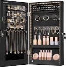 SONGMICS Mirror Jewelry Cabinet Armoire with Built-in LED Lights, Wall or Door Mounted Jewelry Storage Organizer, 3.8 x 14.6 x 26.4 Inches Hanging Mirror Cabinet, Gift Idea, Black UJJC050B01