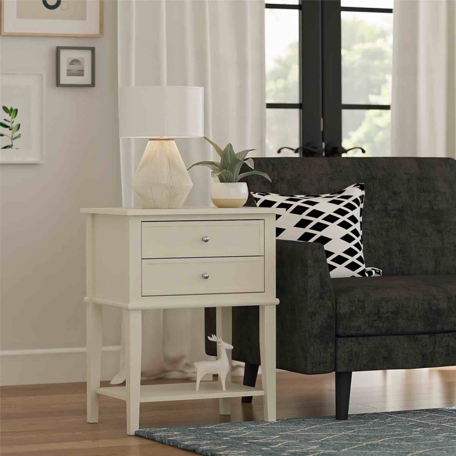 Desert Fields Eclectic Boho Accent Table with 2 Drawers Soft White