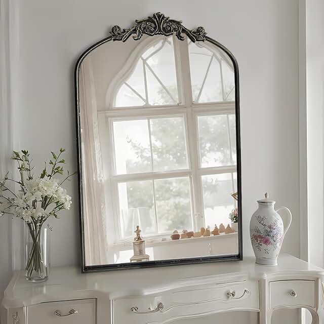 HQiJun Wall Mirror Window Decorative Traditional Mirrors Antique Arched Farmhouse for Living Room Bedroom Entryway Bathroom Vanity (24 * 36 * 1.2, Black)