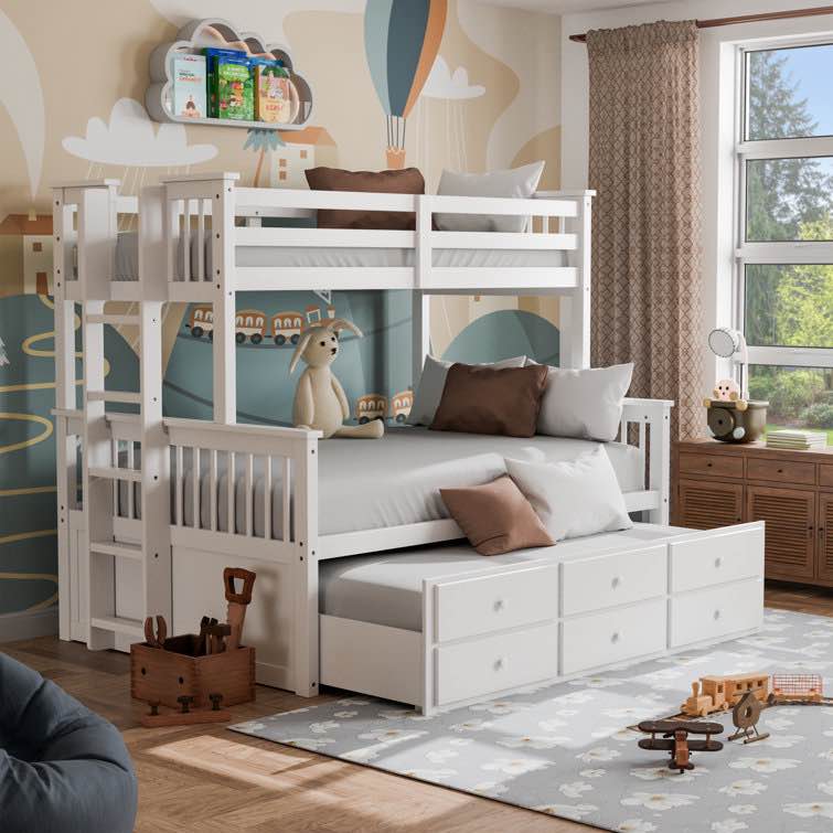 (Incomplete, box 3 of 4)White Jeany Twin Over Full 3 Drawer Solid Wood Standard Bunk Bed with Trundle by Harriet Bee