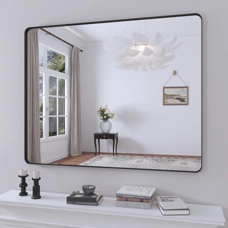 Lesamuel Filleted Corner Wall Mounted Mirror, Bathroom Mirror, Vanity Wall Mirror With Aluminum Frame Size: 32" x 48", Shape: Rectangle, Finish: Black