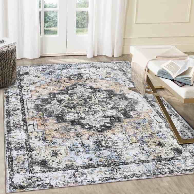 Retro Oriental Aesthetics Floral Printed Area Rug Indoor Low Pile Non Slip Waterproof Carpet Living Room Bedroom Non-Shedding Stain Resistant Erasable Floor Mat Traditional Luxurious Decor Rug Rug Size: Rectangle 9' x 12'