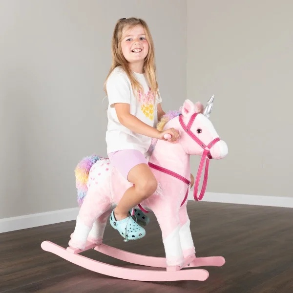 Rocking Horse - Plush Ride on Unicorn with Realistic Sounds - Toddler Ride on Toys for Ages 3 and Up - Wooden Rocking Horse by Happy Trails (Pink)