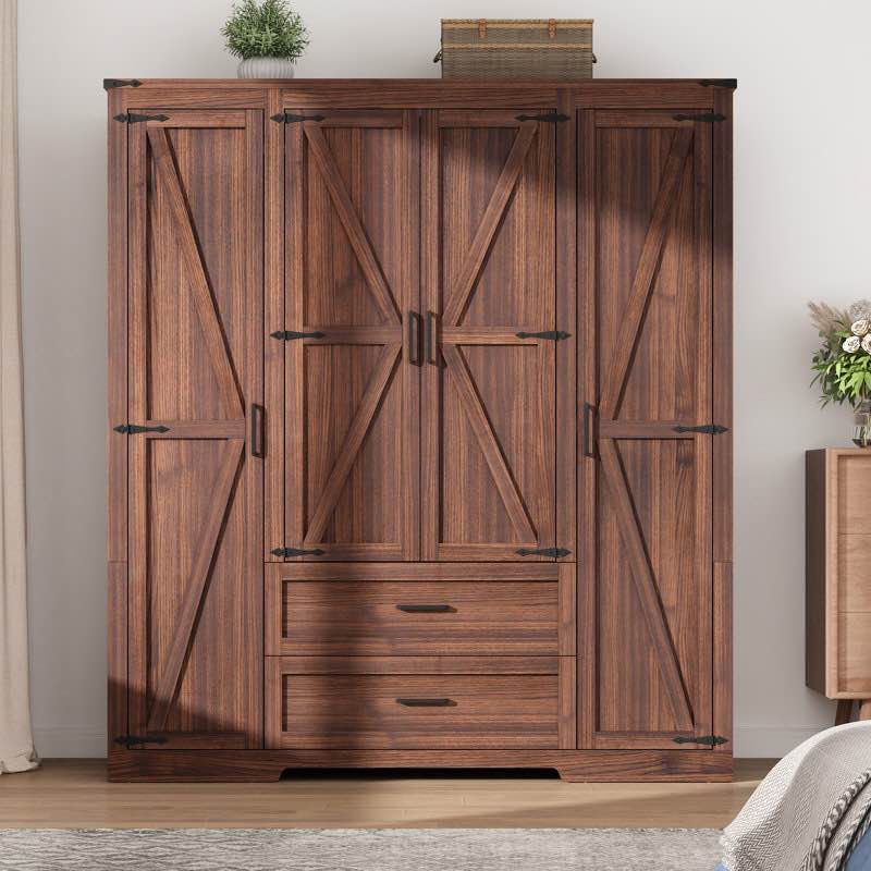 70.10" Farmhouse 4 Door Armoire Wardrobe With 2 Drawers, Hanging Rod And 2 Adjustable Shelves For Bedroom Color: Natural( 1 set)