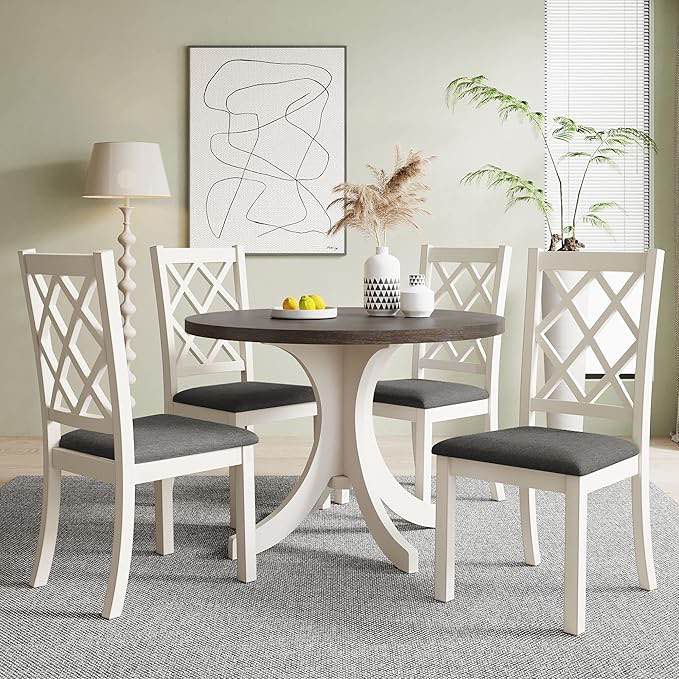 Berma Mid-Century Solid Wood 5-Piece Round Dining Table Set, Kitchen Table Set with Upholstered Chairs,dining room set,dining table set Table Top Color: Brown, Chair Color: White/Gray( incomplete)