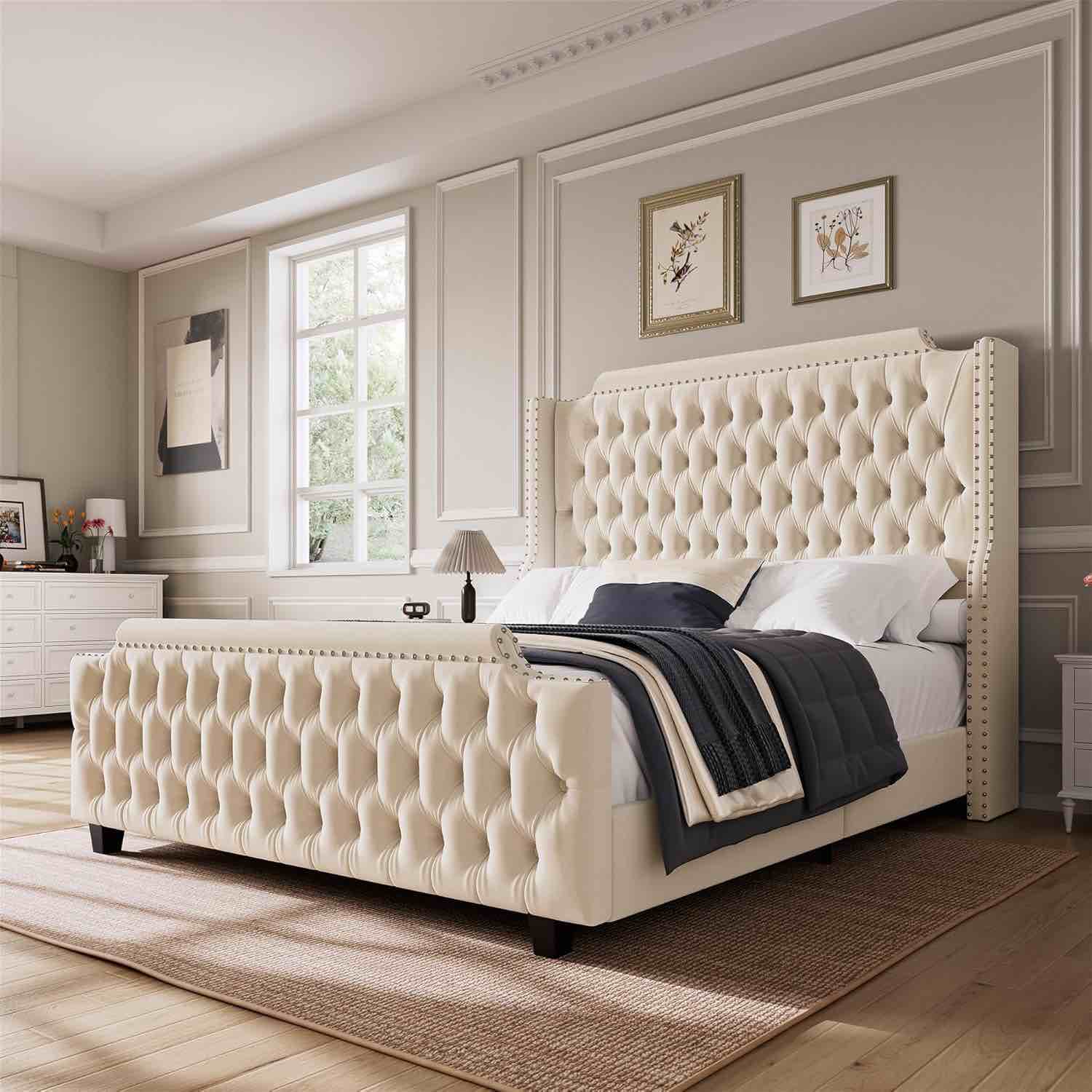 HOSTACK Queen Size Platform Bed Frame with 54" Tall Wingback Headboard & Deep Button Tufted Footboard, Velvet Upholstered Bed Frame with Handmade...