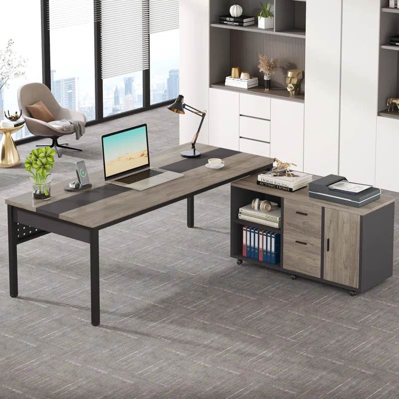 Jomar 70.86'' W L-Shaped Executive Desk with and Cabinet Color: Gray/Black