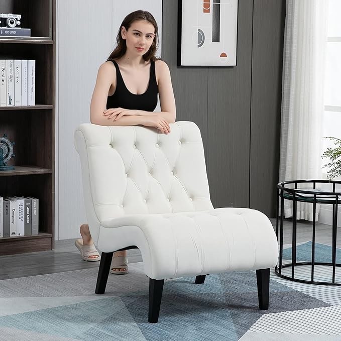 AVAWING Armless Accent Chair, Upholstered Button Tufted Living Room Chairs with Wood Legs, Comfy Frosted Velvet Lounge Chair Reading Chair for Bedroom, Cream White