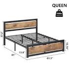 GARVEE Queen Size Bed Frame Metal Platform + Wooden Headboard & Footboard + Heavy-Duty Steel Slats + Rustic Brown