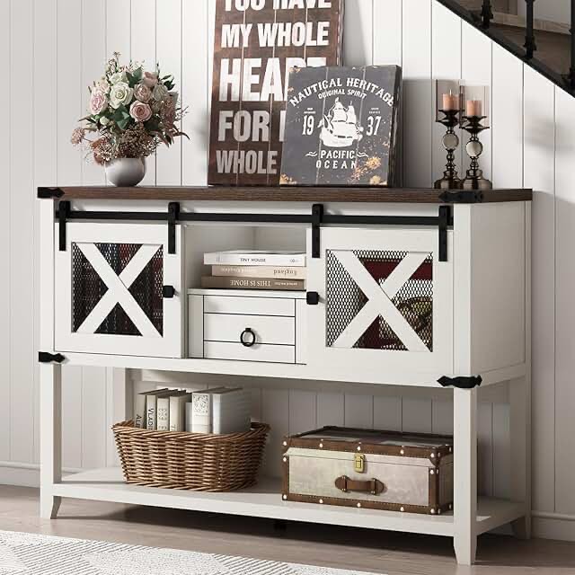 Nyx 46'' Farmhouse Entryway Table ,Wood Console Table with Sliding Barn Doors & Adjustable Shelf, Sofa Table For Hallway, Entry Way, Living Room, Foyer