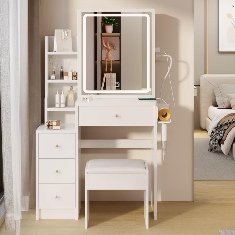 29.2" Left Bedside Cabinet Vanity Table + Cushioned Stool