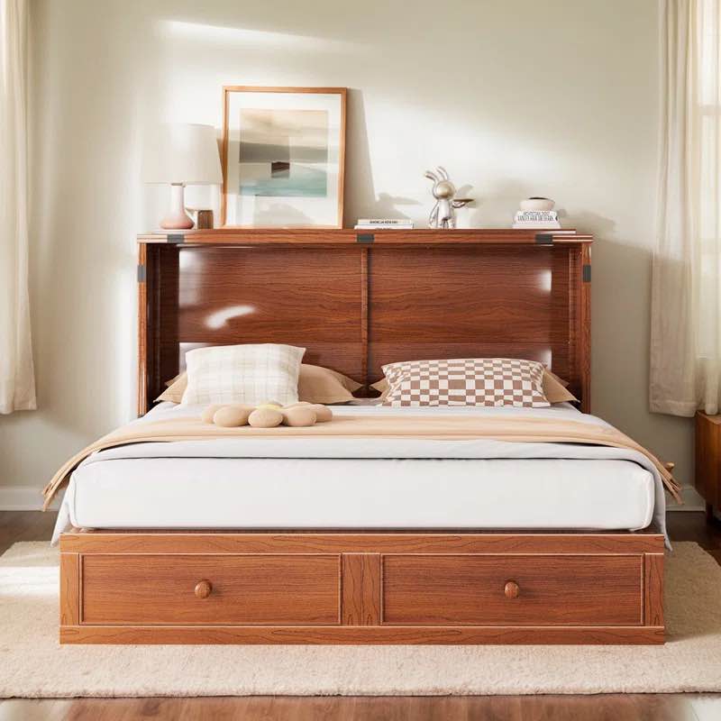 Queen Murphy Bed Cabinet With Folding Mattress, Chest Cabinets Wall Beds With Storage Drawer And Built In Socket & Usb Port, Sleeping Arrangement For Multipurpose Guest Room Home Office