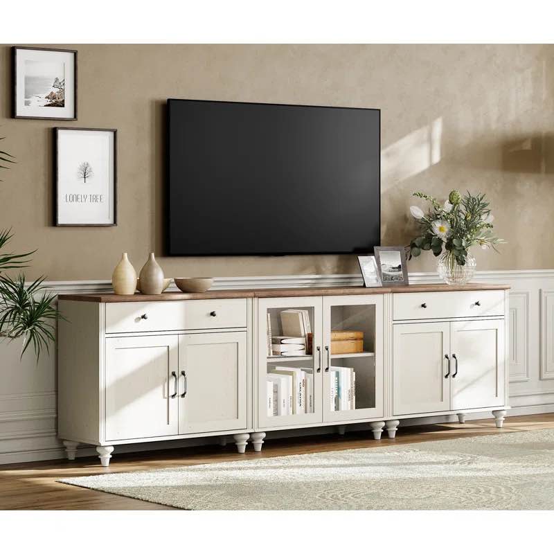 TV Stand For TV, 3-In-1 TV Console Table For 75/80/85/90 Inch TV, Entertainment Center With Glass & Wood Door, Kitchen Sideboard Buffet Cabinet For Dining Room Color: White/Brown