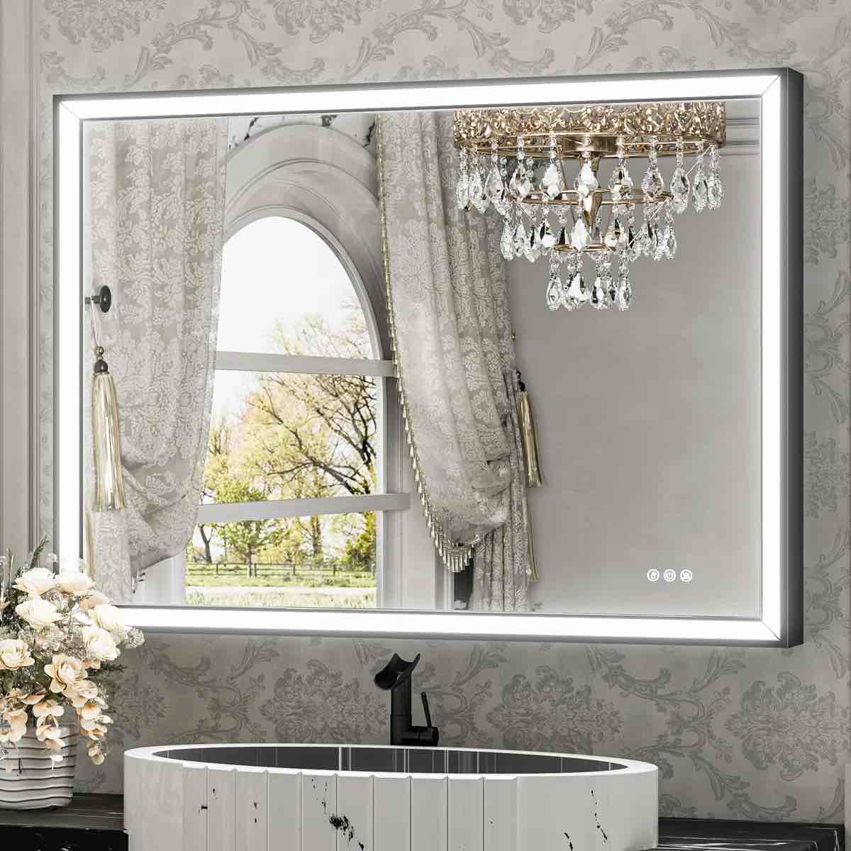 Ivy Bronx LED Beveled Metal Framed Rectangle Bathroom Light Mirror Fog Free Vanity Mirror 36X30