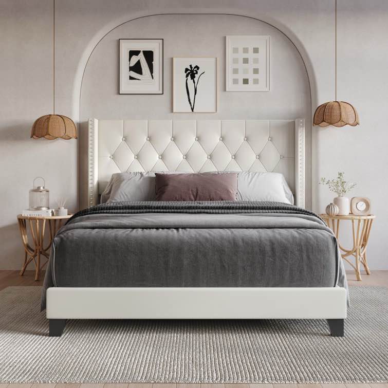 Aireanna Tufted Upholstered Low Profile Panel Bed Size: King, Color: Light Beige