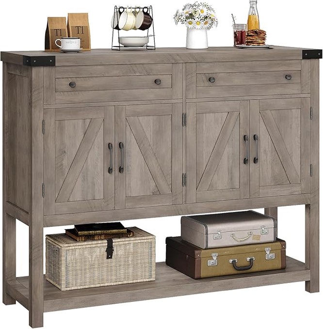 HOSTACK Buffet Sideboard Cabinet with Storage, 47.2" Modern Farmhouse Coffee Bar with 2 Drawers, Barn Doors Console Table with Shelf for Kitchen, Dining Room, Living Room, Entryway (Ash Grey)