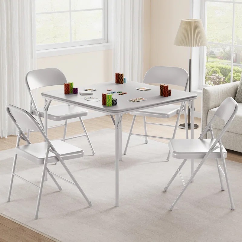 Folding Table, 33.6-Inch Portable Square Folding Card Table,  Metal Folding Table With 4 Chairs Color: White
