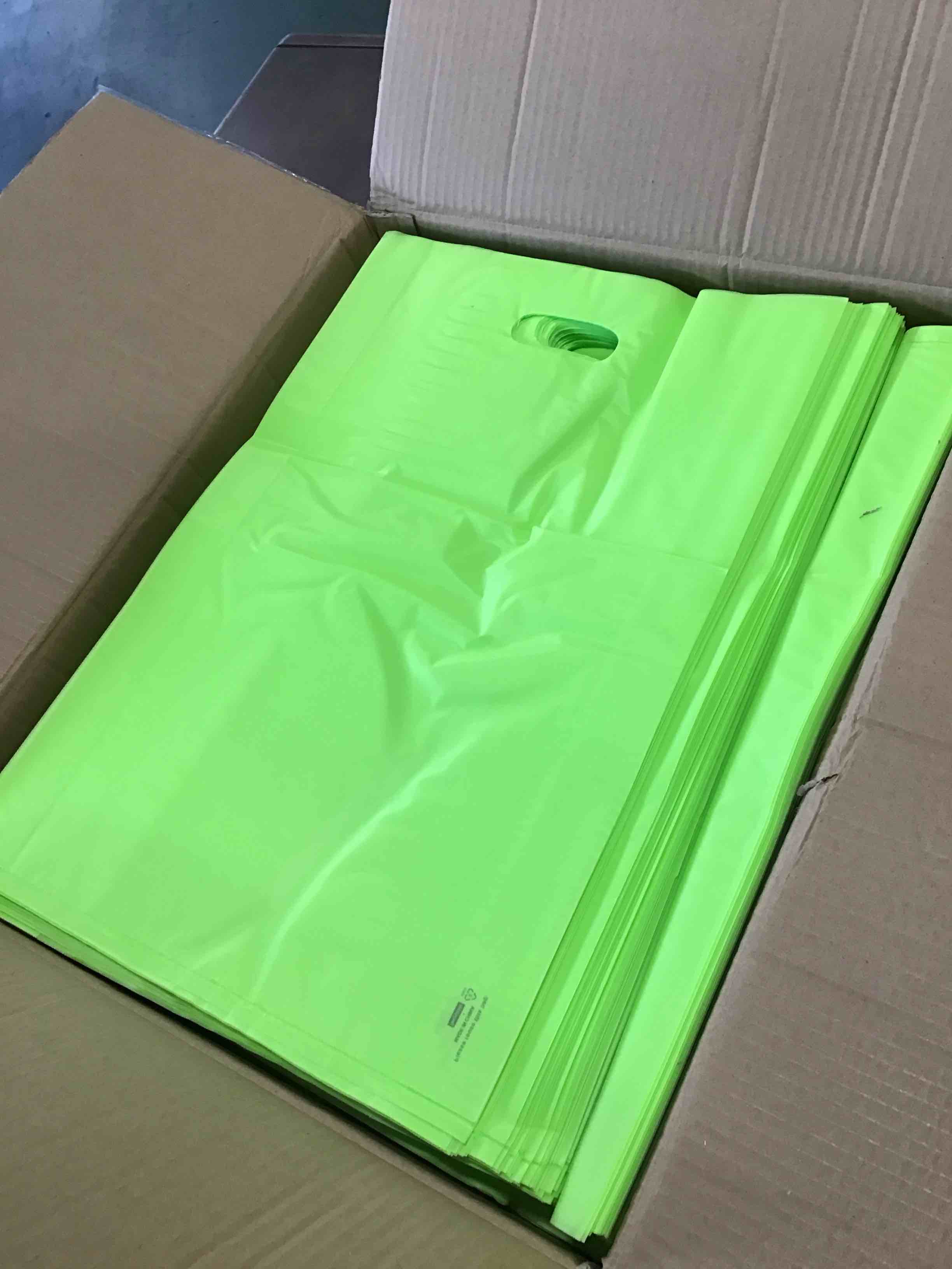 Condition photo showing As Is for Thick Pink Merchandise Plastic Glossy Retail Bags - Die Cut Handles - Perfect for Shopping, Party Favors, Birthdays, Parties - Color Green