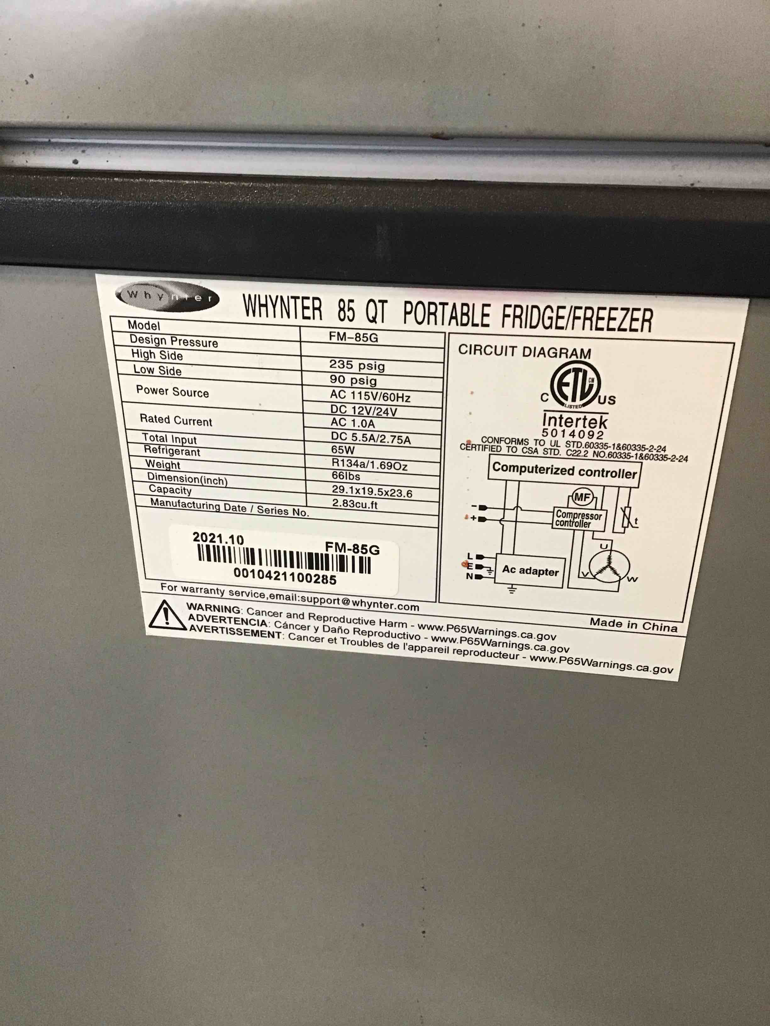 Condition photo showing As Is for Whynter 85 Qt. Portable Refrigerator / Portable Freezer for Travel - Chest Freezer / Fridge for Car, Camping, RVs & More, -8°F to 50°F Temperature Range