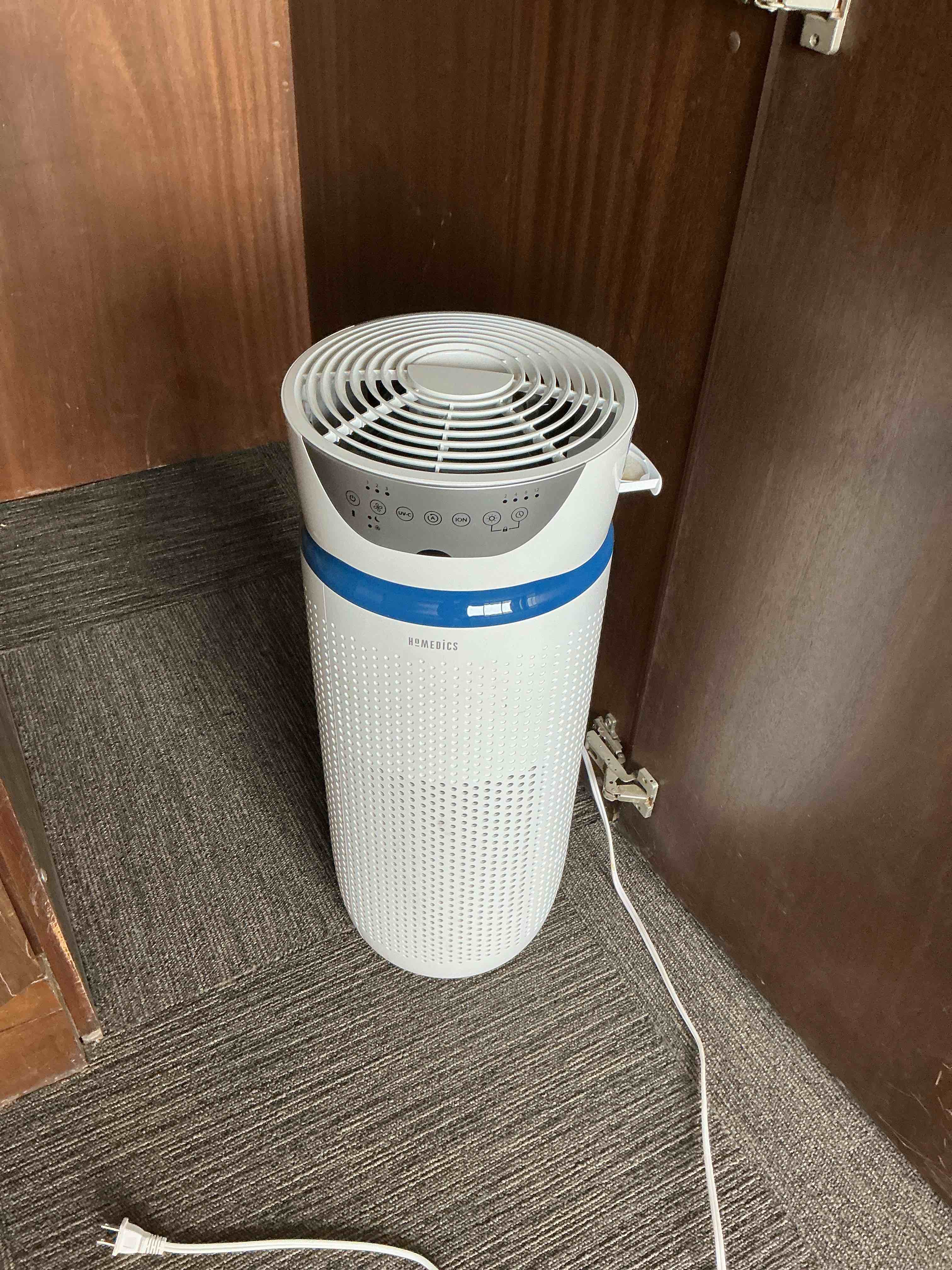 Condition photo showing As Is for Homedics 5-in-1 UV-C Air Purifier - 360-Degree HEPA Filter for 1,659 Sq Ft, Extra Large Air Purifiers for Bedroom and Home, Essential Oil Pads, Built-In Timer, 5 Speed Settings for Large Rooms, White