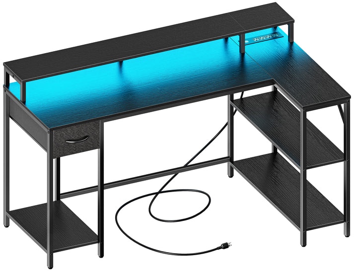 superjare 53 inch reversible l shaped desk with led lights & power outlets, computer desk with shelves & monitor stand, gaming desk with drawer, home office desk corner desk, black