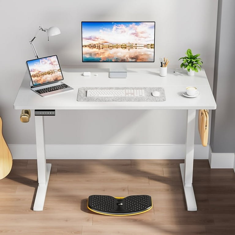 electric adjustable height standing desk - 40 x 24 inch sit to stand up desk with splice board, rising home office computer table with 2 hook and wire hole for work