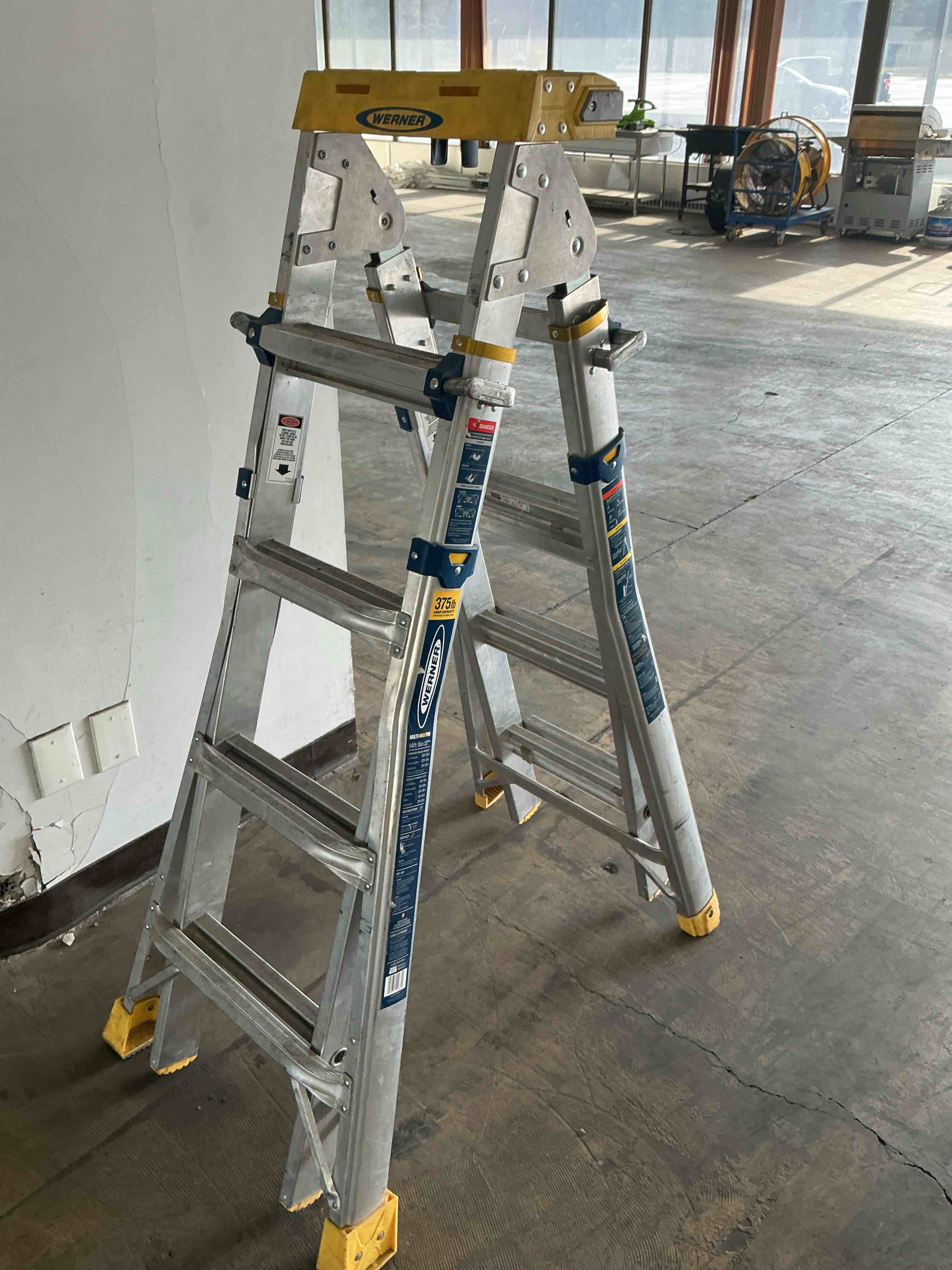 Condition photo showing As Is for 18 ft. Reach Aluminum 6-in-1 Multi Position Ladder with 375 lb. Load Capacity Type IAA Duty Rating