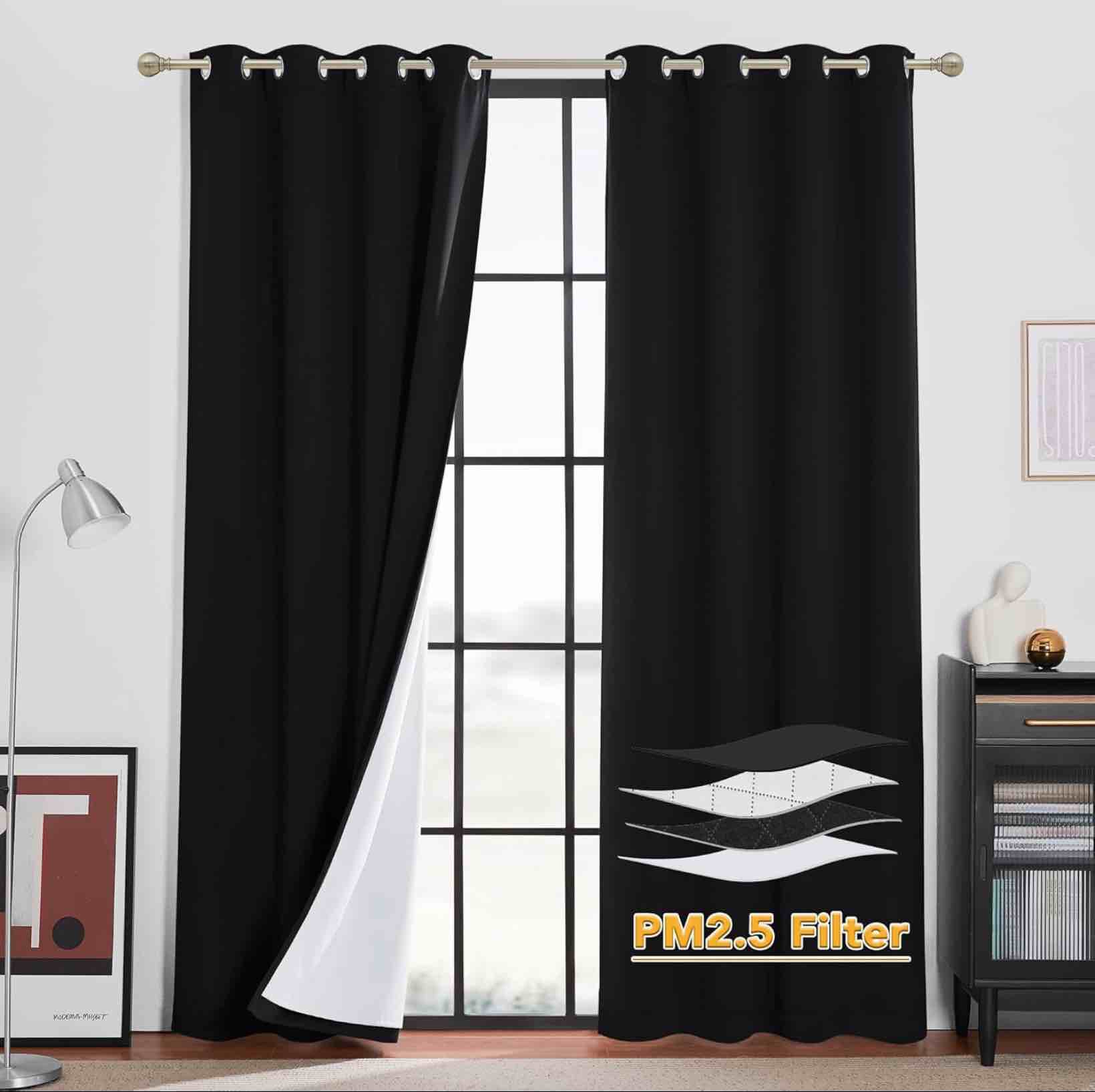 RYB HOME 4 Layers Dusts Filter Window Curtains with Melt-Blown Fabric, Heavy Duty Nosie Reducing Window Treatment 100% Blackout Privacy Drapes for Living Room, Black, W52 x L108 inch, 2 Panel Black 52\"W x 108\"L (Pack of 2)