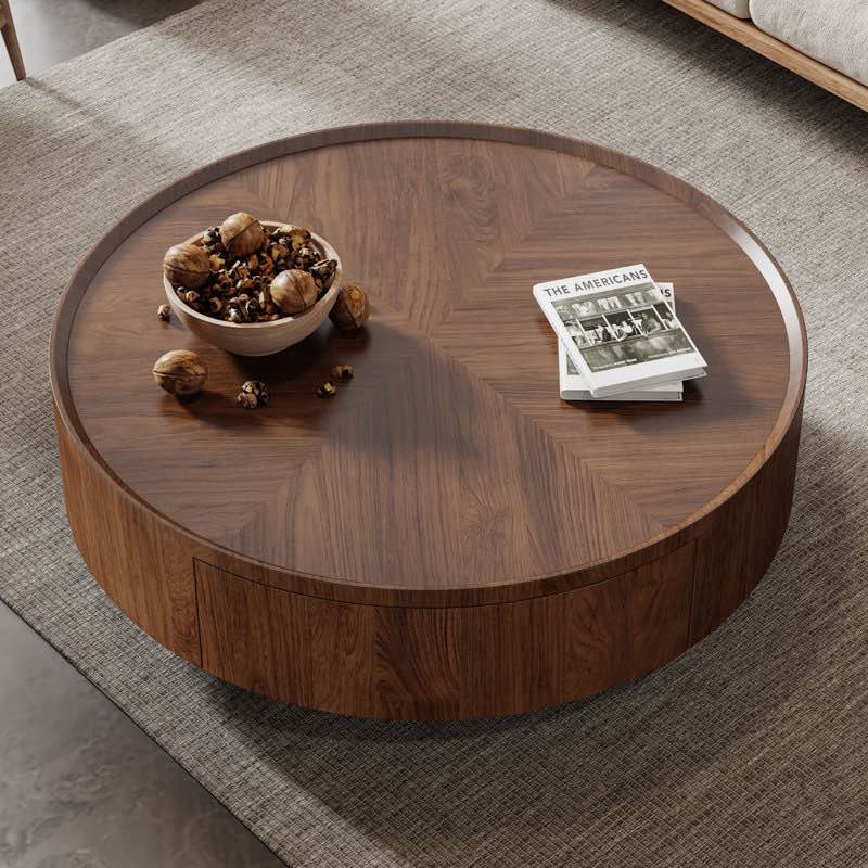 (Incomplete) Crantor Round Coffee Table with 2 Storage Drawers Walnut Wood Grain Pattern Living Room Coffee Table