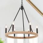 6-Light Rustic Spray-Painted Gold Hemp Rope Wagon Wheel Chandelier for Dining Room Living Room Foyer Entryway