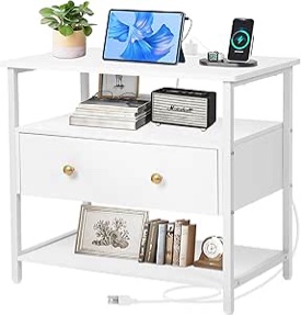 27 inch Nightstand Side Table with 1 Layer of Wooden Drawers?Nightstand with Charging Station,End Table Bedside Table with USB Ports and Outlets White