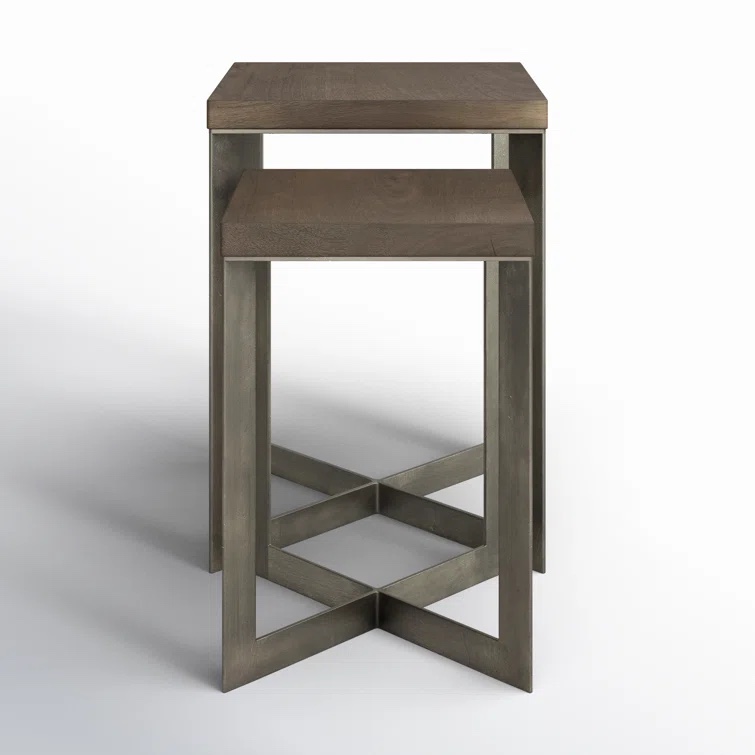 Nickel/Medium Brown Tulane Solid Wood Nesting End Table