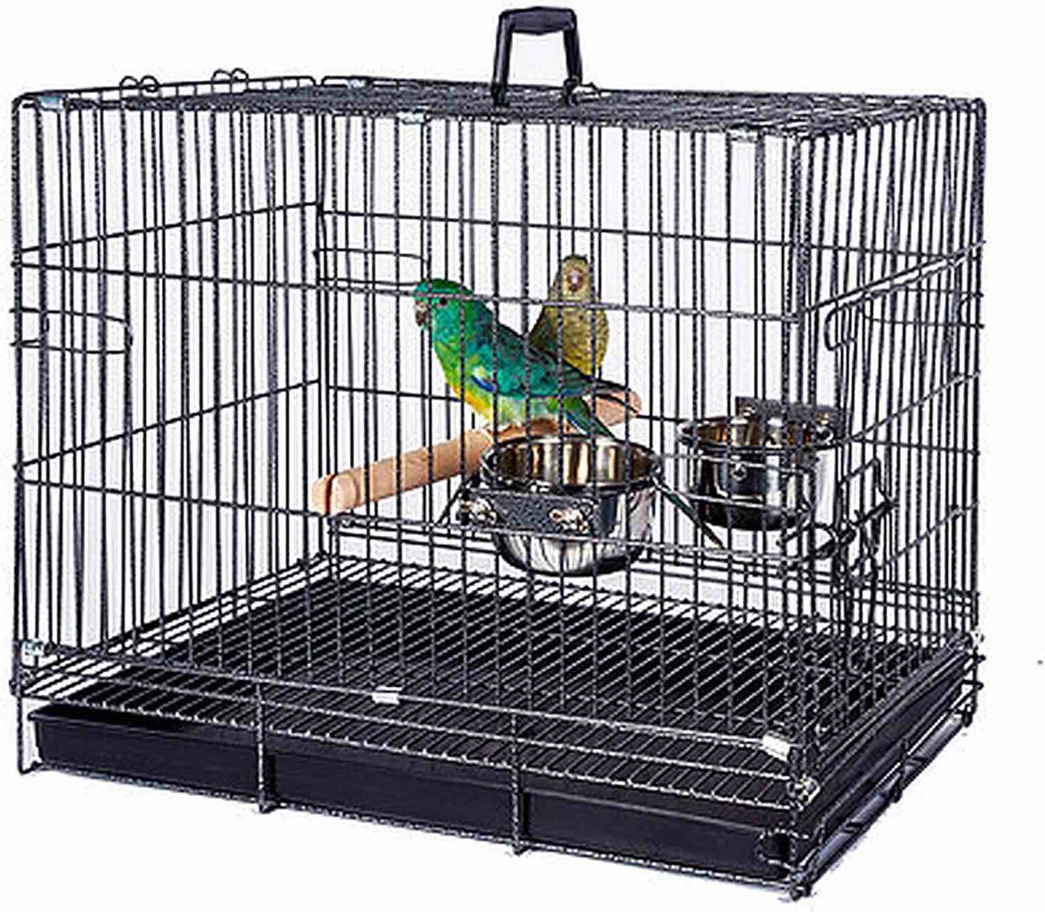 Metal Foldable Bird Parrot Travel Vet Carrier Cage with Wooden Perch and Stainless Steel Dishes Prevent Beaks Out