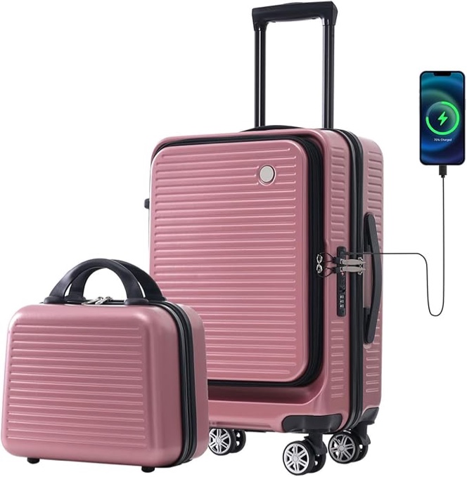 20'' Inch Pink Hardside Carry On Luggage with Front Pocket and Portable Carrying Case, Expandable Hard Shell Suitcase with USB Port, Lightweight Rolling Luggage Carry-On with Spinner Wheels&TSA Lock