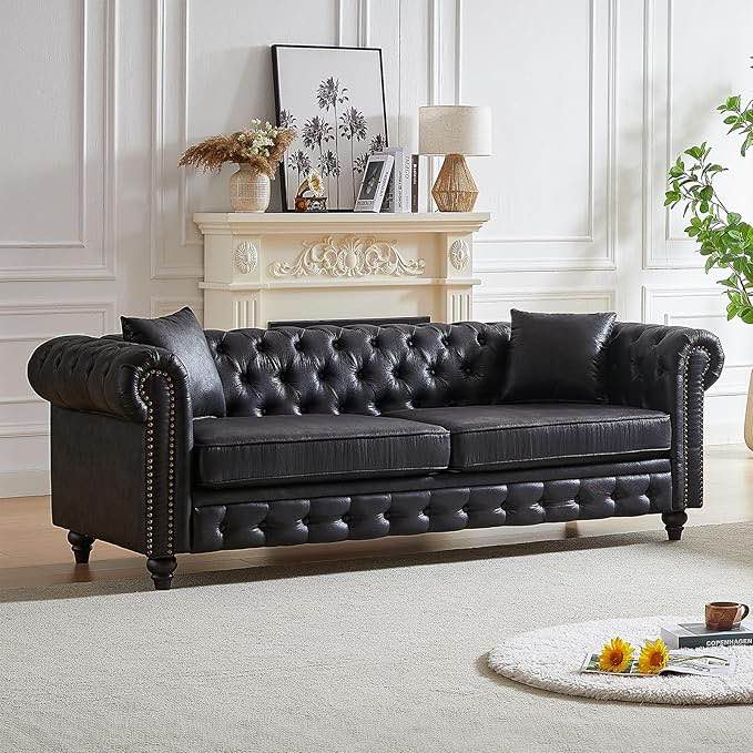 incomplete box 1 only)Mid Century Modern Couch, 85.5" High-tech Fabric Button Tufted Oversized Loveseat Sofa w/ Nailhead Trim&Roll Armrest, Upholstered Comfy Deep Seat Chesterfield Sofa for Living Room,Office(3 Seater,Black)