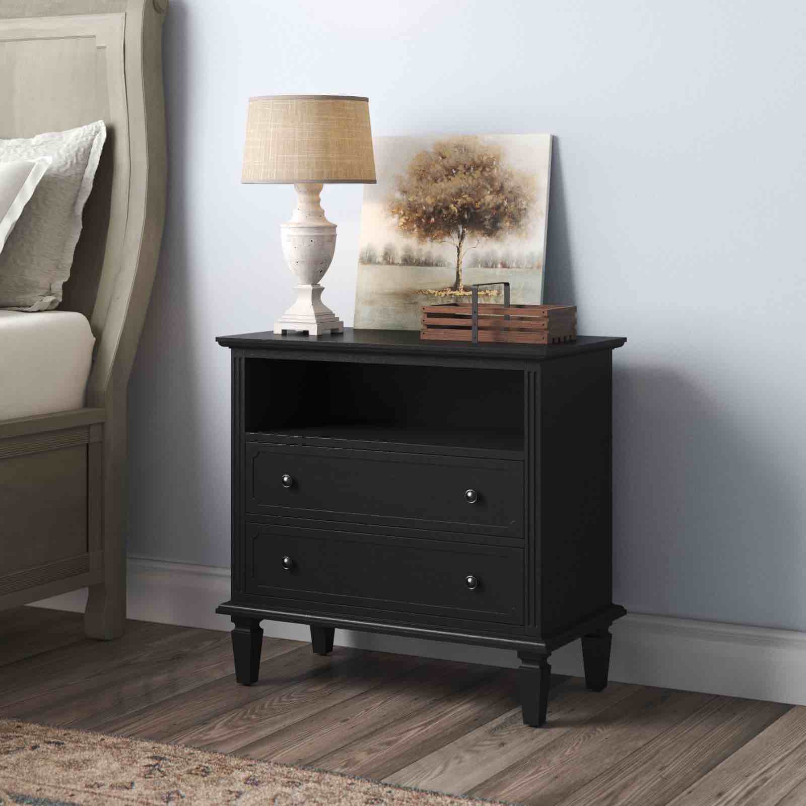 Amberlyn 27.2'' H Traditional  2-Drawer Nightstand with Built-In Outlets and Solid Wood Legs and Open Shelve