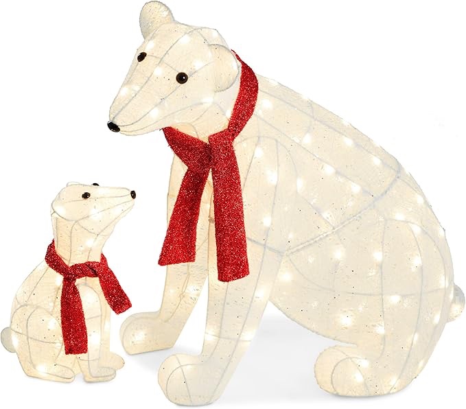 Best Choice Products 32in 2-Piece Lighted Polar Bear Family, Large All-Weather Pre-Lit Outdoor Christmas Décor for Front Yard, Lawn w/ 145 Pre-Strung LED Lights, Zip Ties, Ground Stakes - Red/White