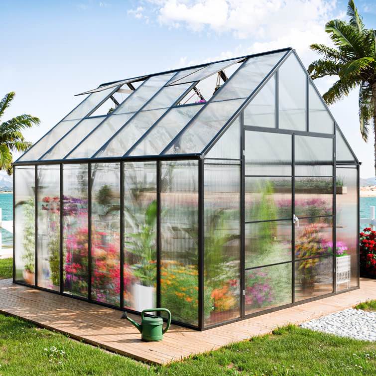 incomplete) 10.3 FT W x 12.3 FT D Polycarbonate Aluminum Frame Greenhouse With Ventilation And Rain Gutter Walk-in Greenhouse For Outdoors Sunroom Patio,Backyard Heavy Duty Greenhouse