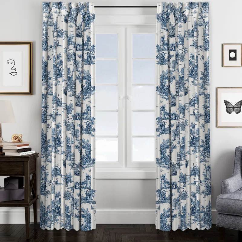 Toile De Jouy 100% Cotton Toile Room Darkening Rod Pocket Single Curtain Panel Size per Panel: 50" W x 84" L, Curtain Color: Blue
