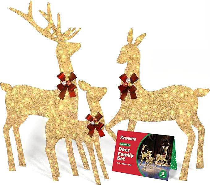 Gllabel 3 Piece Large Lighted Christmas Deer Family Set with Bell Bows - 57 in Buck, 47 in Doe & 29 in Fawn?Outdoor Holiday Yard Decorations