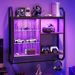 Bestier Gaming Floating Shelves, 34" LED Wall Mounted Shelf with Adjustable Glass Shelf, Pipe Shelves Hanging Display Rack Bookshelf with 6 S-Hook, Gaming Room Decor Wine Coffee Bar Black