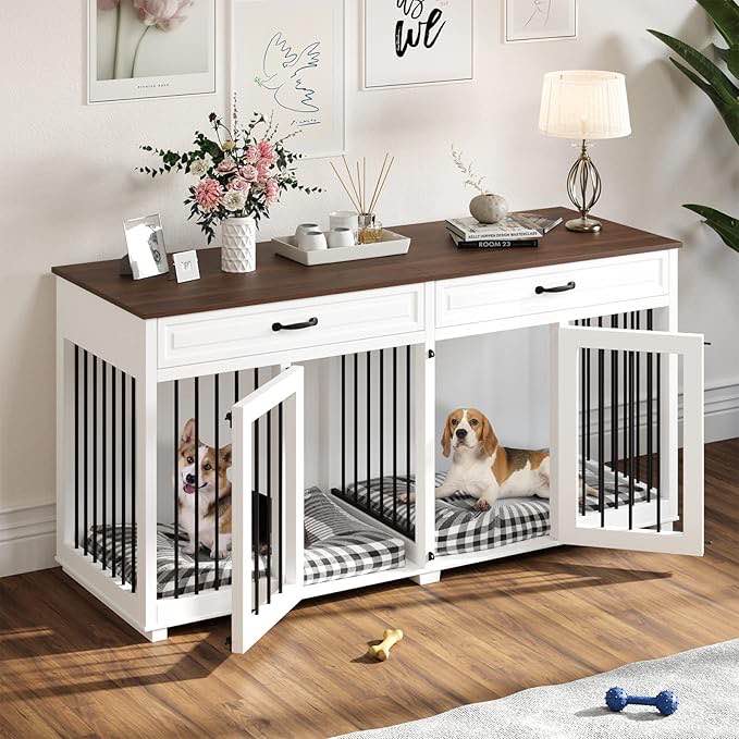 Large Dog Crate Furniture, 64.6" Wooden Dog Crate Kennel with 2 Drawers and Divider, L Heavy Duty Dog Crates Cage Furniture for Medium Dog or 2 Small Dogs Indoor